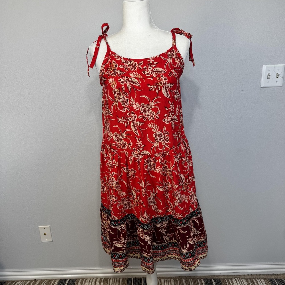 Beachlunchlounge Dress Women's XS Red Indigo Border Freesia Boho Midi LPD4092